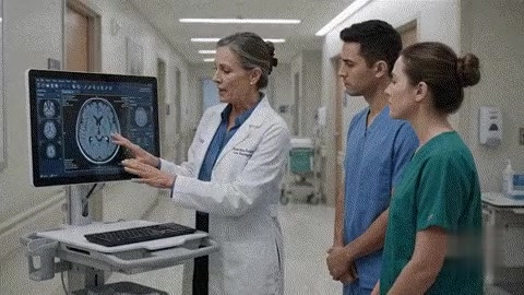 Clinicians discussing a case in a hospital corridor